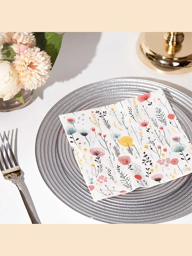 80 pcs Premium Designer Paper Napkins, 3-Ply 6.5x6.5-inches Disposable Decorative White Floral Napkin for Wedding Birthday Anniversary Lunch Dinner Party