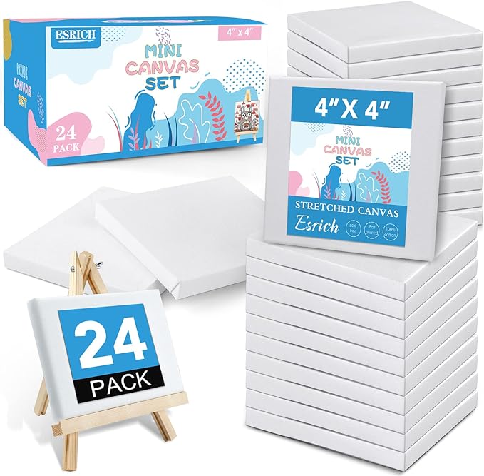 ESRICH Mini Canvases for Painting,4x4In Canvas in Bulk 24Pack, 2/5In Profile Small Square Canvas, Blank Canvases are Great for School Projects and Kids Birthday Parties, Home Decor Project.