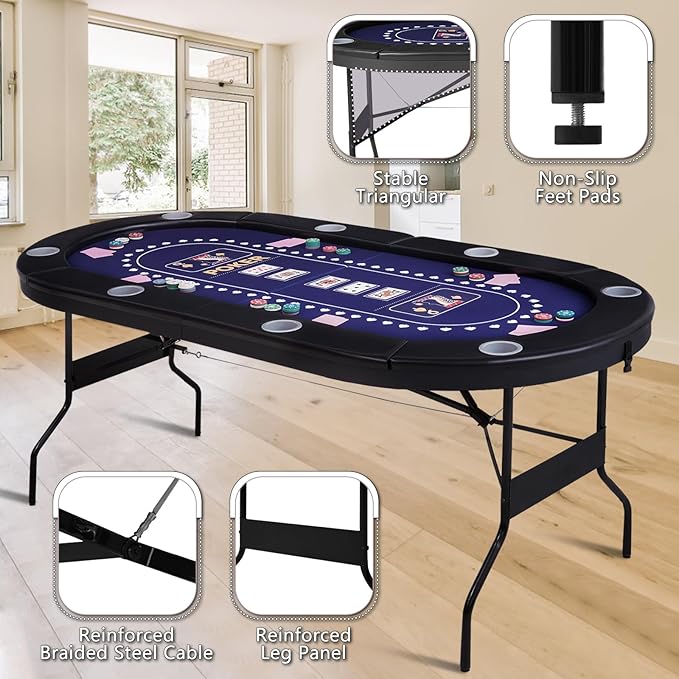 71" Foldable Poker Table for 8 Players, Professional Texas Hold'em Casino Table with Padded Rails& Cup Holders, Casino-Grade Felt Folding Game Table for Blackjack, Home, Parties, Game Nights