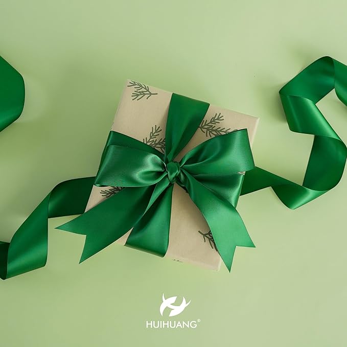 HUIHUANG Forest Green Ribbon 2 inch Double-Faced Forest Green Silk Fabric Ribbon for Christmas, Crafts, Bows Making, Flower Bouquet Wrap, Gift Wrapping, Home Decor, Hairs-25 Yards/Roll