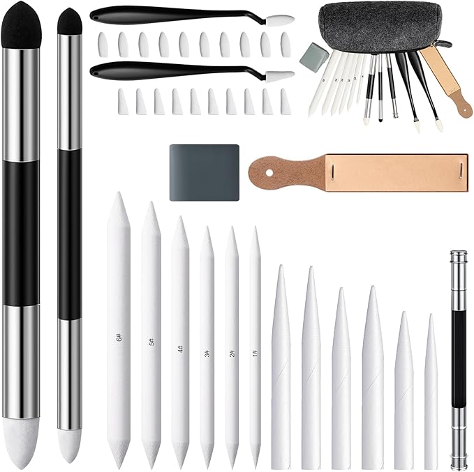 AmazingSpark 40 Pcs Blending Stumps for Drawing Set Sketch Drawing Tools Accessories with Sandpaper Pencil Sharpener Extension Tool Erasers, Sponge Replacement Heads & Felt Bag for Charcoal Sketch