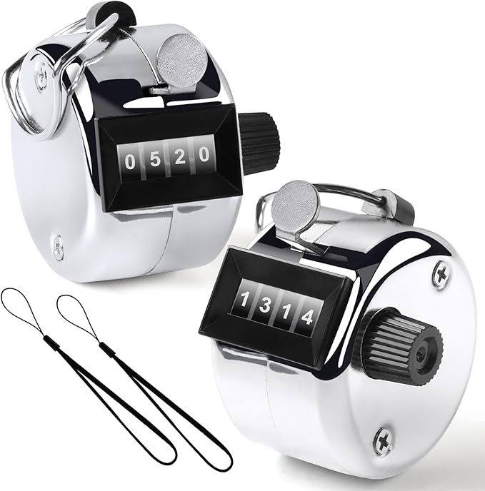 2PCS Premium One Hand Counter Clicker, Silver Metal Clicker Counter, Manual Mechanical People Counter Clicker with Nylon Lanyard, 4-Digit Number Count Tally Counter Clicker for Golf, Lap & Row Etc.