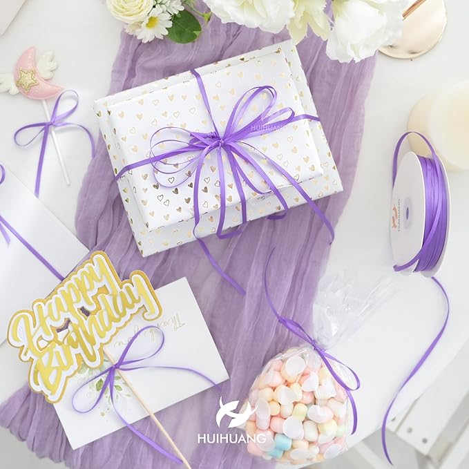 HUIHUANG Solid Color Satin Ribbon 1/8 inch x 100 Yards Roll Ribbon Light Purple Thin Ribbon for Crafts Sewing Gift Wrapping DIY Bows (Hyacinth)