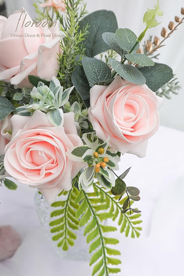 Floroom Artificial Flowers 20pcs Real Looking Blush High-Centered Foam Fake Roses with Stem for DIY Wedding Bouquets Pink Bridal Shower Centerpieces Floral Arrangements Party Tables Home Decorations