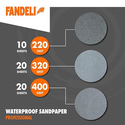 Fandeli | Waterproof Sandpaper | Assorted Grits (220, 320, 400) | 50 Sheets of 23 x 28 cm | Waterproof Car Sandpaper | Sanding Paint | Sanding Varnish