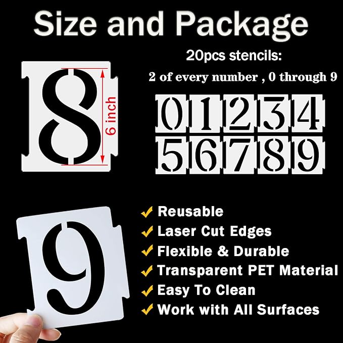 YEAJON 6 Inch Curb Stencil Kit 0-9 Address Number Stencils, 20Pcs Reusable 14 Mil Mylar Plastic Templates for Painting on Road, Wall, Wood, Mailbox