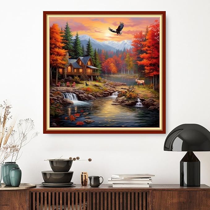 Dimxvean Stamped Cross Stitch Kits,Cross Stitch Kits for Adults Beginners,Embroidery Kits Full Range of Cross Stitch Stamped Kits Needlepoint Kits Cross Stitch Patterns-Night View Lake 18x18 inch
