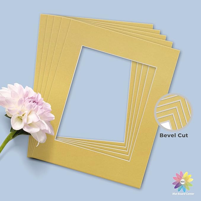 Mat Board Center, Pack of 10, 11x14 for 8x10 Old Gold Color Mats - Bevel Cut, Acid Free, 4-ply Thickness, White Core - for Pictures, Photos, Framing