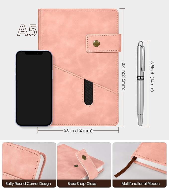 Pink A5 Lined Leather Journal Notebook for Men Women,5.9" X 8.4" Personalized Hardcover Journal with Pen,200 Pages 100 Gsm Thick Ruled Paper Daily Diary for Travel,Business,Work,Writing