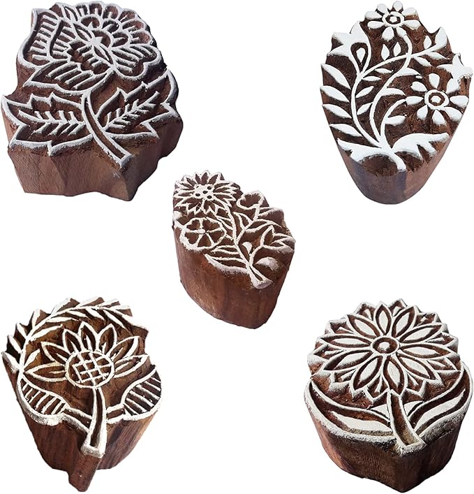 Royal Kraft Floral Wooden Printing Stamps (Set of 5) - DIY Henna Fabric Textile Paper Clay Pottery Blocks Htag2223