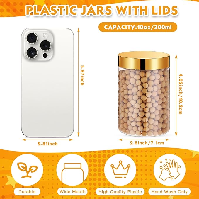 SATINIOR 12 Pack 10 oz Plastic Container Jars with Lids Round Clear Travel Cosmetic Container Slime Jars for Toiletries, Lotion, Cream, Ointments, Makeup, Rhinestone, Samples, Kitchen Storage(Gold)