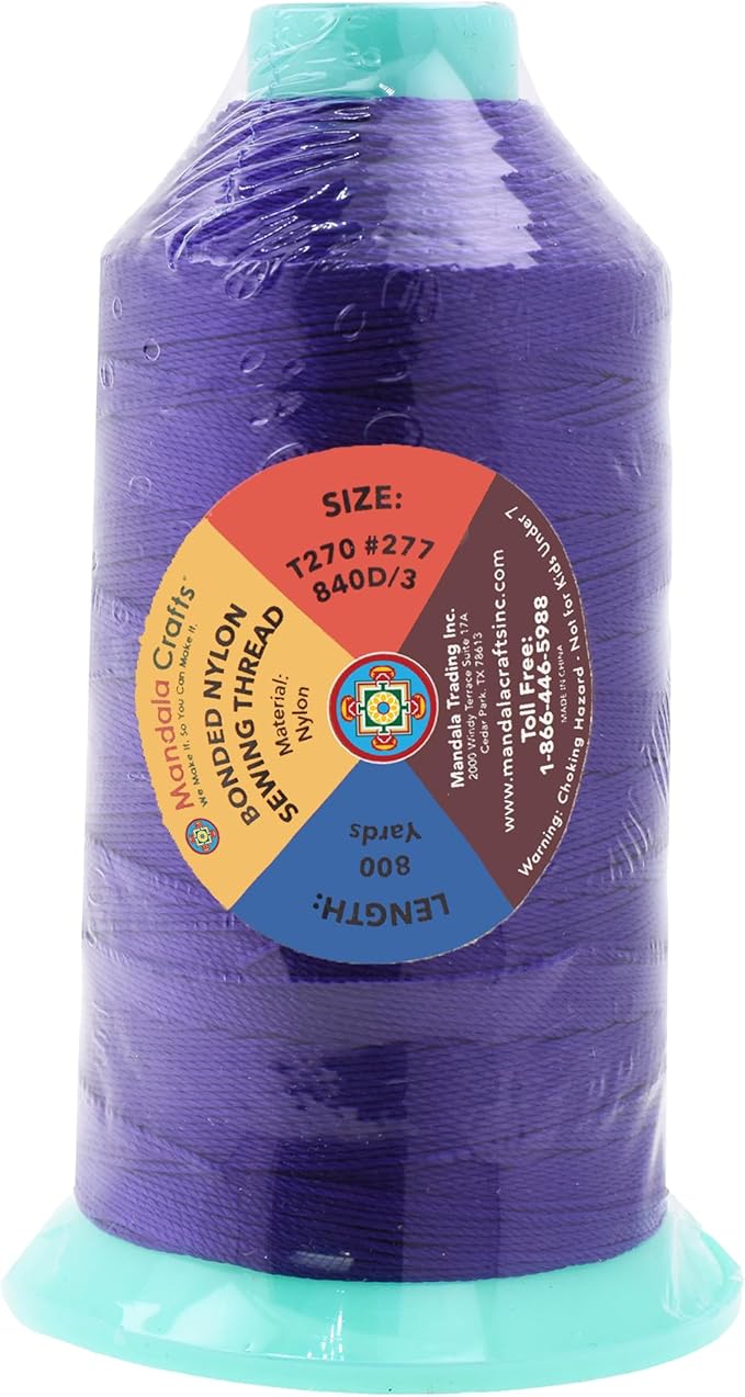 Mandala Crafts Bonded Nylon Thread Violet Heavy Duty Sewing Threads - 800 YDs Size 277 840D T270 Tex 270 Thread for Leather Jeans Weaving Outdoor Marine Upholstery Threads