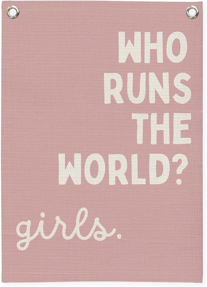 Girls Room Decor for Nursery Decor Linen Canvas Banner,Pink Who Runs The World Girl,Inspirational Wall Hanging Flag Banner for Baby Kids Girl Bedroom Dorm 18x25 Inch