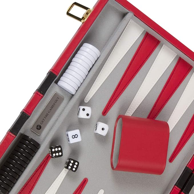 Get The Games Out Top Backgammon Set - Classic Board Game Case - Best Strategy & Tip Guide - Available in Small, Medium and Large Sizes (Red, Medium)