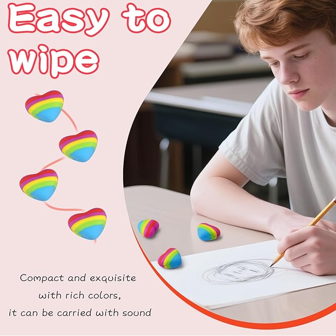 AmoreAngel Crafts 16 Pcs Heart Shaped Erasers，Pencil Erasers，Easy to Hold Rainbow Colorful Eraser，Pink Erasers,Back to School Supplies，Office Use