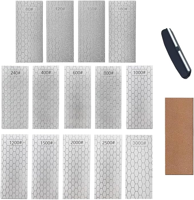 14 Pcs Diamond Sharpening Stone, with Angle Guide and Leather Strop, Knife Sharpener Stone Whetstone Honeycomb Surface Plate with Non-slip Base for Pocket Knives Scissors