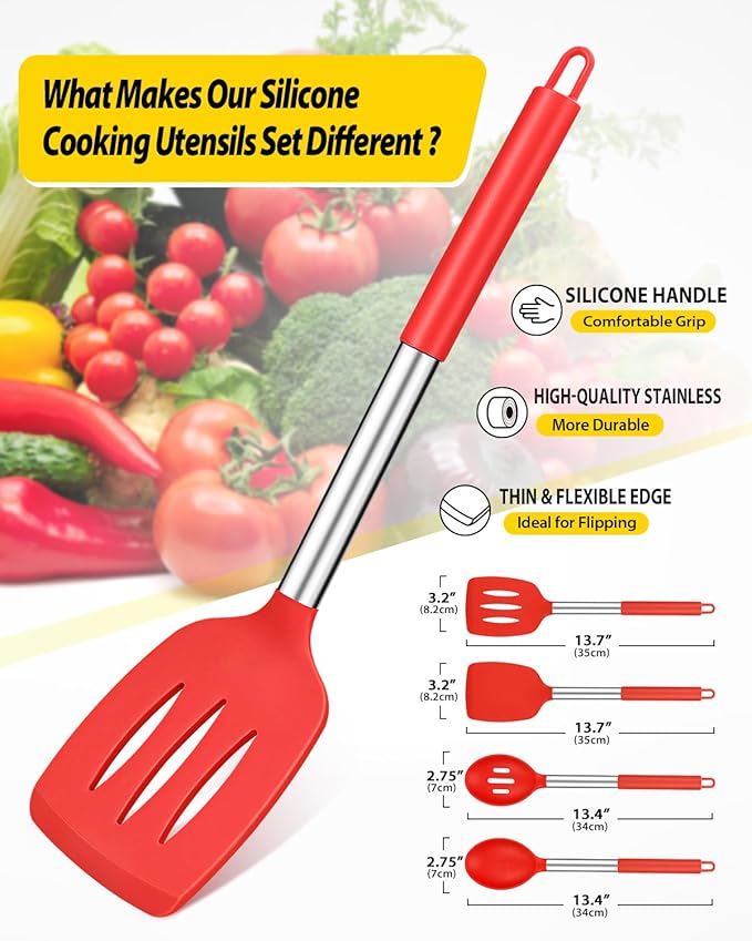 Pack of 4 Silicone Cooking Utensils Set, Non Stick Large Solid Spatulas, Heat Resistant Slotted Spoons, Ideal BPA Free Kitchen Turners for Frying, Mixing,Serving,Draining,Turning,Stirring (RED)