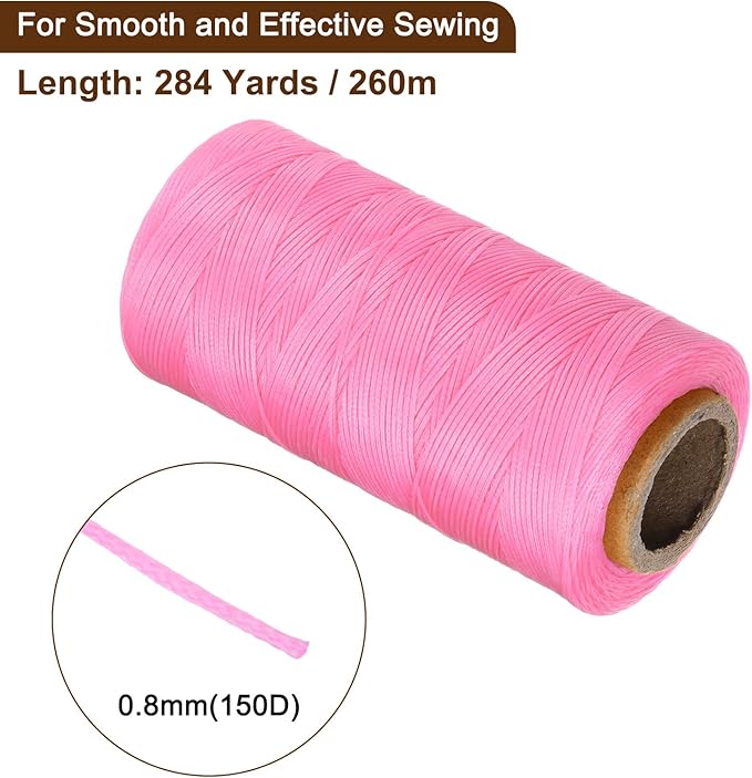 uxcell Leather Sewing Waxed Thread, 284 Yards / 260m 0.8mm 150D Flat Polyester All-Purpose Threads for Leather Crafts, Bookbinding, Cherry Blossom Pink