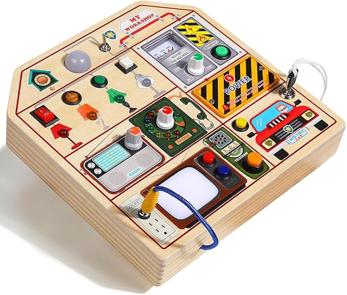 JAUNTY Montessori Wooden Busy Board for Toddlers 3 4 5 Years Old, Wooden Sensory Toddler Toys with LED Light Switches, TV Radio Telegram and Car Driving, Travel Toys Birthday for Boys Girls