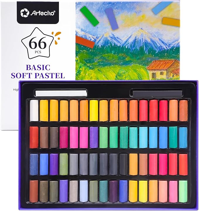Artecho 66pcs Soft Pastels, 64 Colors Including 4 Fluorescent Colors, Extra Free Black & White, Square Chalk for Drawing, Blending, Layering, Shading, Pastels Art Supplies