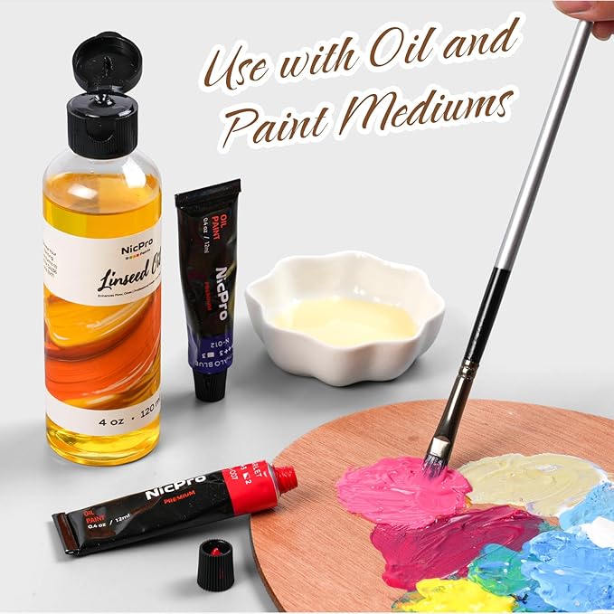 Nicpro Linseed Oil for Painting, 4oz Refined Linseed Oil Medium for Thinning Oils, Artists, Painting Thinner, Professionals to Enhance Flow, Translucency & Gloss