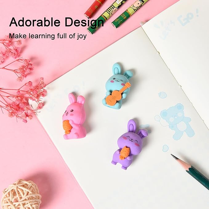HILAZA 18Pcs Pencil Top Erasers for Kids, 3D Cute Rabbit Pencil Toppers, Bulk Fun Pencil Cap Easters for School Classroom Supplies Prize Gifts Party Favors