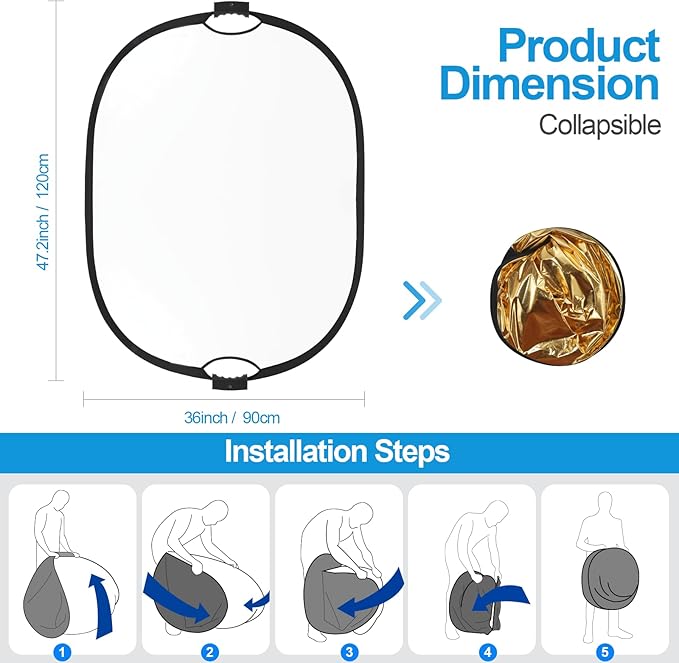 WELLMAKING 35''x47'' (90x120cm) Reflector Photography with Threaded Handle, Collapsible Light Reflector with Bag & tilt Adapter, 5in1 Reflector for Studio - Translucent, Silver, Gold, White and Black