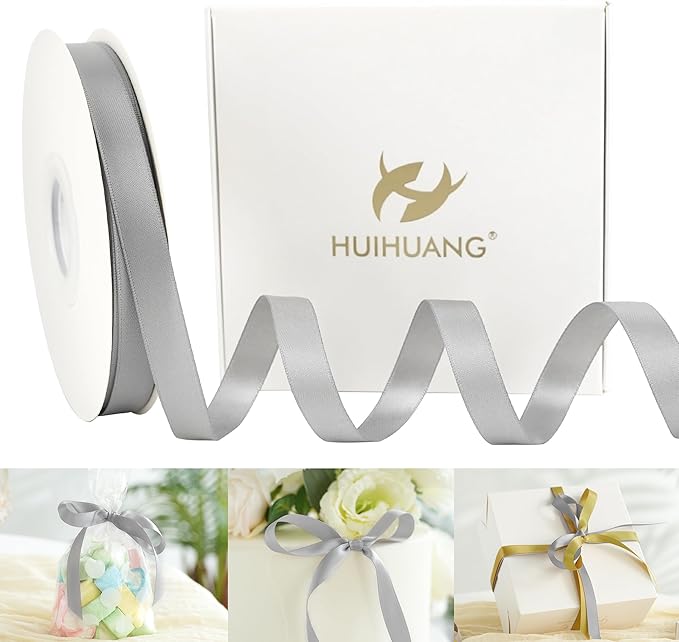 HUIHUANG Silver Ribbon 1/2 inch Continuous 50 Yards Silver Double-Faced Satin Ribbon for Gift Wrapping, Bows, DIY Crafts, Flower Bouquet, Wedding Decor, Christmas Holiday Decor