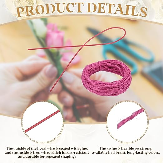 uxcell 100Pcs 2 Gauge Floral Wire, 15.75" Length Flower Stem Wires with 0.08" x 32.8ft Twine for Wreath Making, Flower Arrangement, Red