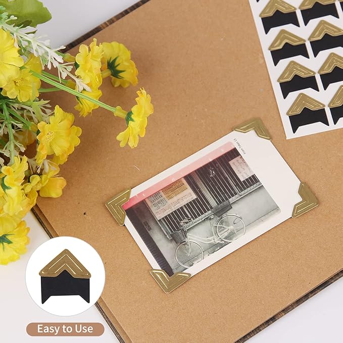 GOONAVI 15 Sheets 360 Pcs Gold On Black Acid-Free Photo Corners Mounting Self Adhesive for DIY Photo Album Journal