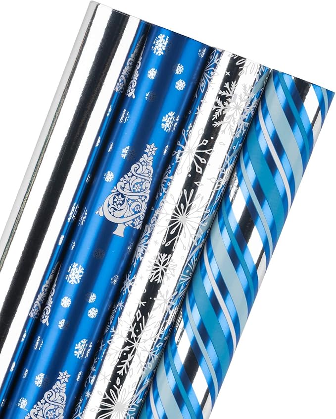 WRAPAHOLIC 30 Inch Christmas Wrapping Paper Roll - Jumbo Roll Blue and Silver Snowflake and Stripe Set with Metallic Foil Shine - 4 Rolls - 30 Inch x 120 Inch Per Roll