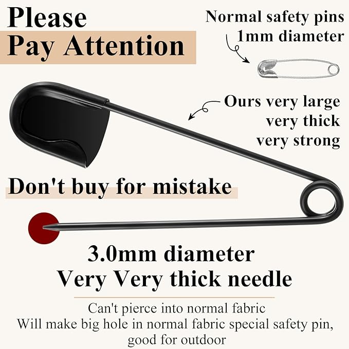 Juexica 20 Pcs 5 Inch Jumbo Stainless Steel Safety Pins Large Heavy Duty Huge Strong Laundry Pins for Upholstery Sewing Quilting Key Rings Craft Outdoor (Black)