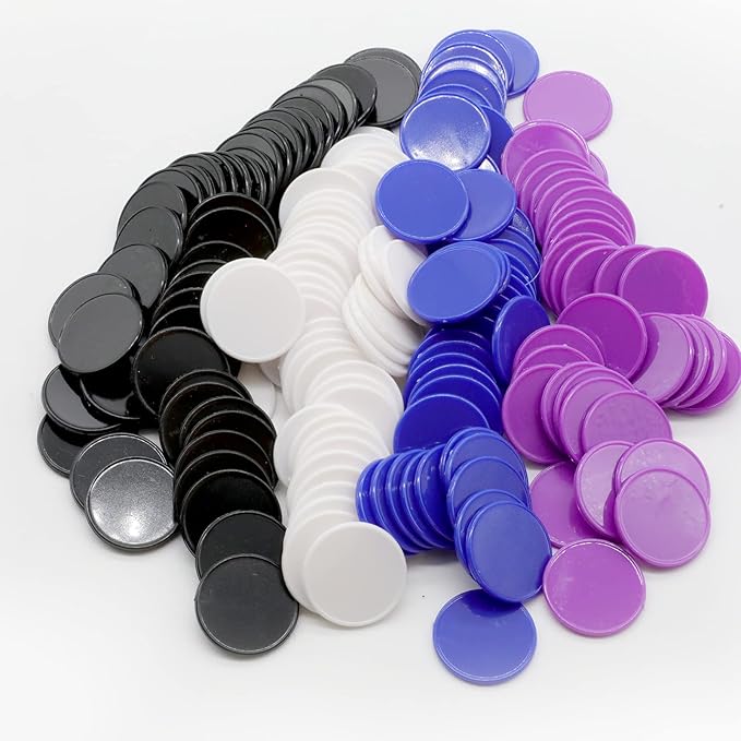 Set of 100 Opaque Plastic Learning Counters Mini Poker Chips Game Tokens with Storage Box (Black+White+Blue+Purple, 1.26 Inch)