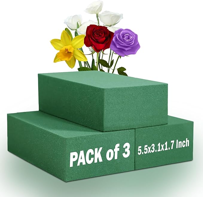 3 PCS Wet Floral Foam Blocks for Fresh Flowers, Each (5.5"L x 3.1"W x 1.7"H) Green Foam for Flower Arrangements, Florist Bricks for Weddings, Birthday Gifts, Crafts and Garden Decorations