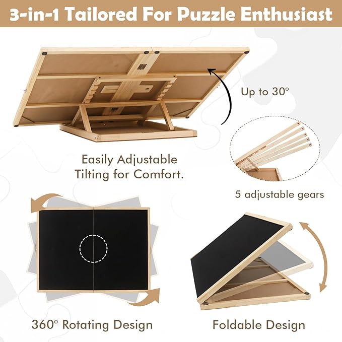 Foldable Puzzle Board, 2-in-1 Tilting & Rotating Wooden Jigsaw Puzzle Table 1500 Pieces with 4 Non-woven Drawers, 36"×26" Portable Puzzle Board with Upgraded Lazy Susan for Adults & Kids, Gift for Mum