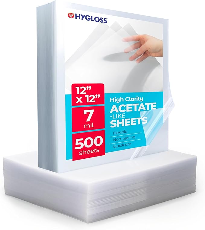 Hygloss 12" x 12" Acetate Paper - 7 Mil Clear Acetate Sheets for Crafts Projects, Cricut Stencil Sheets, Classroom Stencil Sheets, Reusable Transparent Clear Plastic Sheet (Not for Printers) 500 Pack
