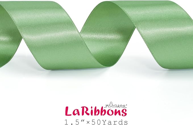 LaRibbons Sage Green Satin Ribbon 1 1/2 Inch 50 Yards Luxury Double Faced Green Silk Ribbon for Flower Bouquet Crafts Gift Wrapping Wedding Decoration