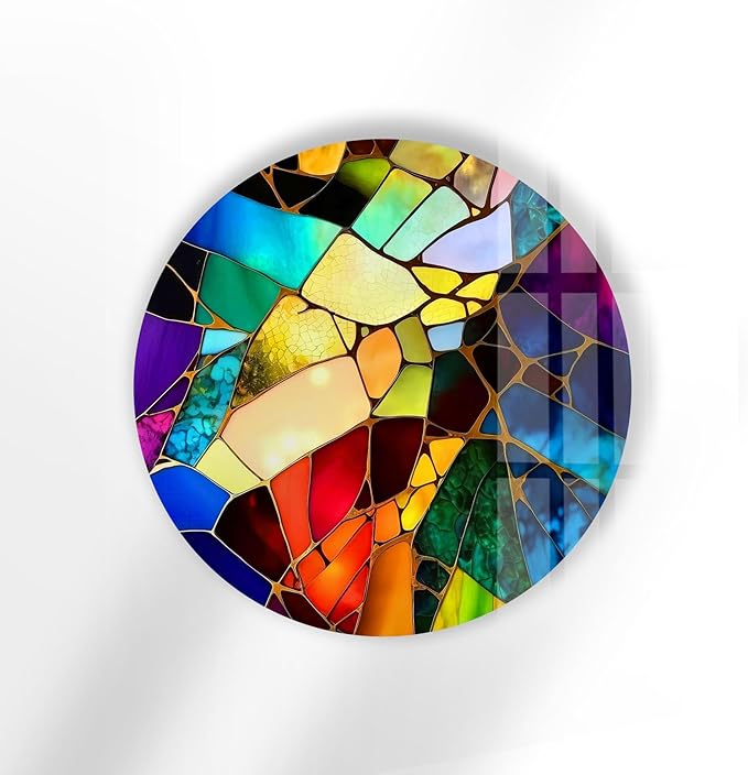 My Photostation.com 31.5''(80cm) Diameter Multicolor Round Stained Glass Wall Art Vibrant Mosaic Abstract Panel Tempered Glass Printing Wall Decor Large Wall Art Wall Hangings