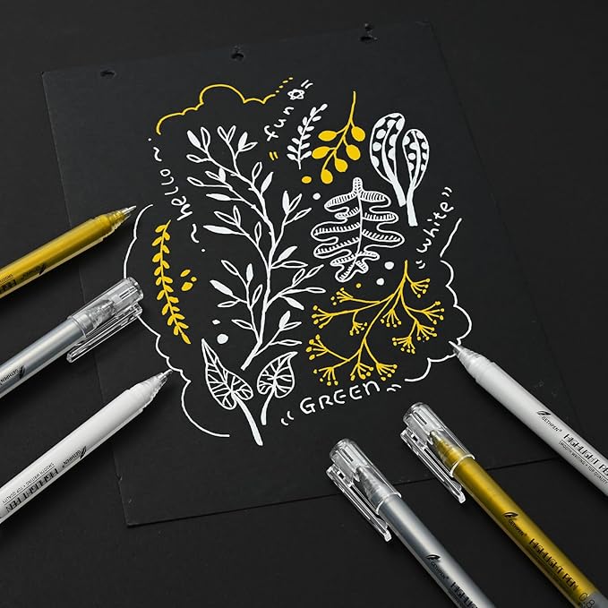 3 Colors 0.8mm Extra Fine Point 6-Pack Gel Pen Set – White, Gold & Silver Gel Ink Pens for Artists Drawing on Black Paper, Sketching, Bullet Journaling & Crafting
