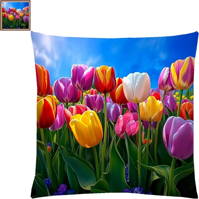 Fanxvivy Stamped Cross Stitch Kits for Adults Beginners Pillow Needlepoint Kit with Embroidery Pattern Needlework Kit Prestamped Stitches Kit 11CT Cross Stitching-Colorful Tulips 18x18 inch
