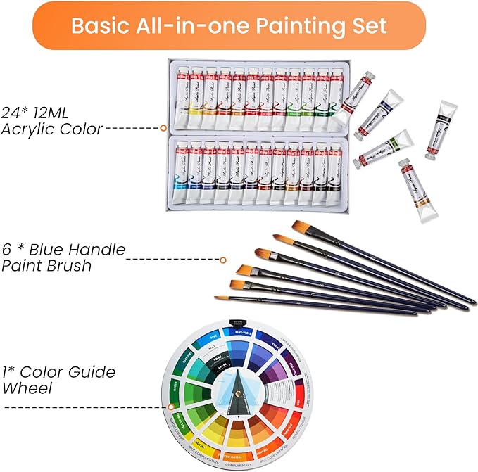 Falling in Art Acrylic Paint Set, Canvas Painting Kit with 24 Acrylic Paints, Nylon Brushes for Kids, Adults, Beginners, Hobbyists, Artists, 31 Pieces Set