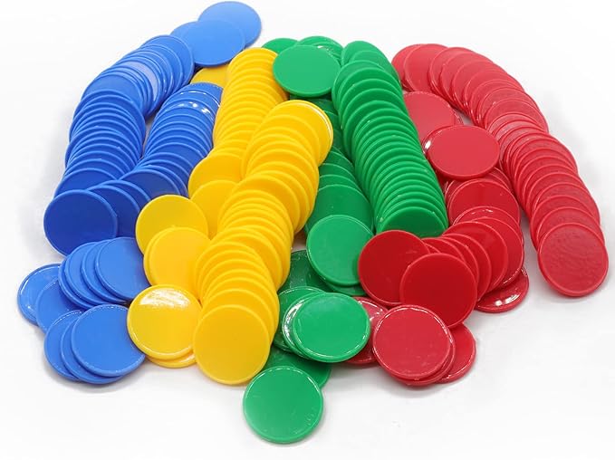 Set of 100 Opaque Plastic Learning Counters Mini Poker Chips Game Tokens with Storage Box (Red+Yellow+RoyalBlue+Green, 1.26 Inch)