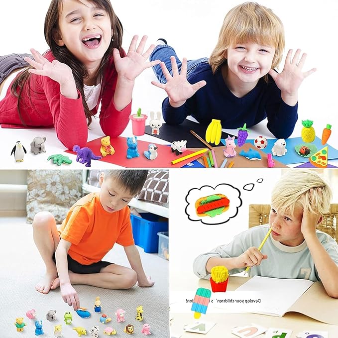 110Pcs Animal Erasers Kids Desk Pets Pencil Erasers 3D Puzzle Eraser Bulk Mini Animal Food Toys Fun Cute Eraser for Classroom Rewards, Game Prizes, Treasure Box, Easter Egg Fillers