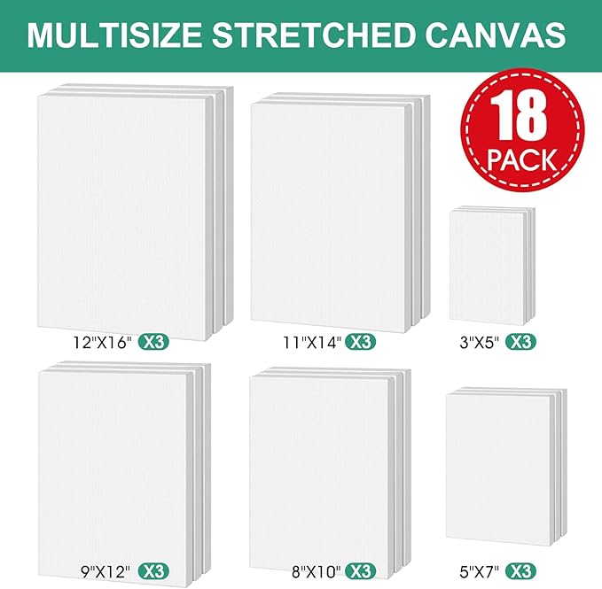 ESRICH Stretched Canvas for Painting,18 Multi Pack Blank Canvases for Painting 12x16, 11x14, 9x12, 8x10, 5x7, 3x5, Cotton Primed Painting Canvas for Oil, Acrylic Paint, for Beginners, Artists.