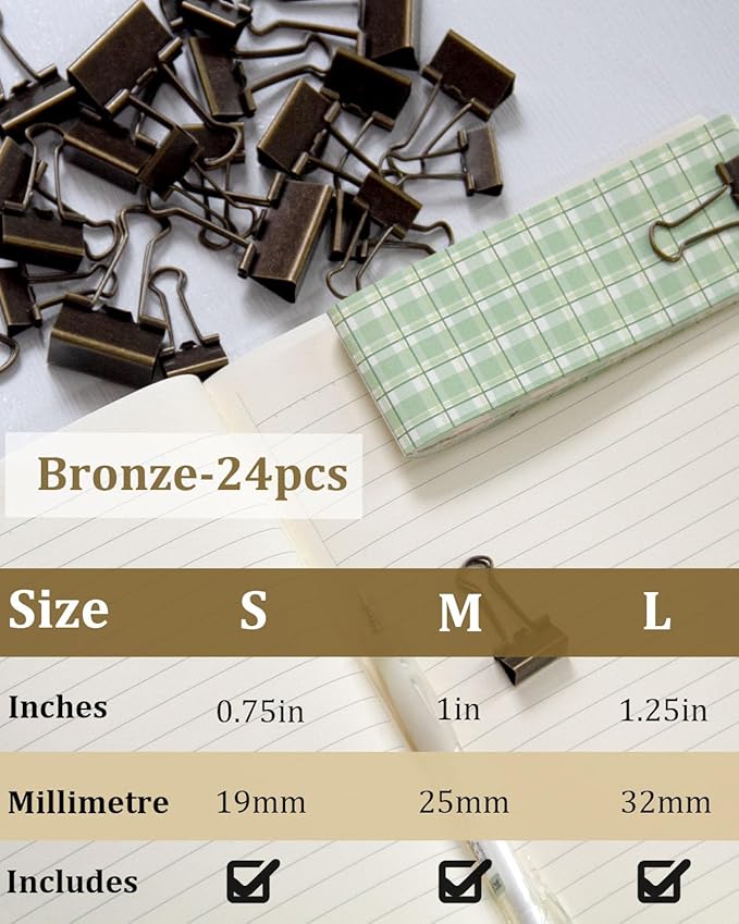 Assorted Binder Clips 0.75/1/1.25in 25-Pack - Bronze Tone Clips for Office & Home