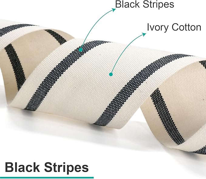 CT CRAFT LLC Ivory Cotton Black Stripes Ribbon 1.5" x 10 Yards for Home Décor Gift Present Wrapping DIY Crafts Birthday Wedding Bouquet Christmas