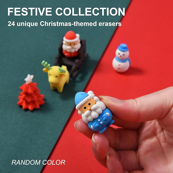 HILAZA 24Pcs Christmas Erasers for Kids Bulk, 3D Cute Santa Elk Erasers for Goodie Bags Stuffers Stocking Stuffers Holiday Gifts Classroom Rewards Party Favors
