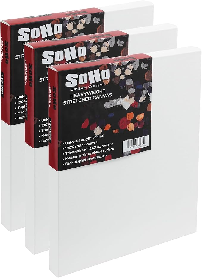 SoHo Urban Artist, 9x12 Heavyweight Stretched Cotton Canvas for Painting - 1.5" Deep- 3 Pack, Triple Primed, 100% Cotton Canvas, Archival, Universal Primed for Oil, Acrylic, Alkyd, Mixed Media