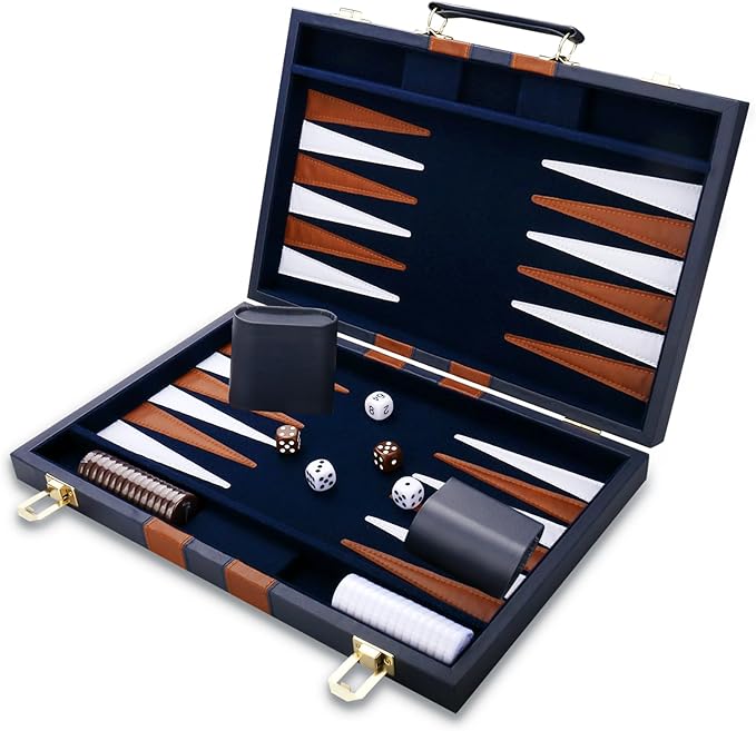 Backgammon Set - Classic Board Game with Premium Leather Case - Portable Travel Strategy Backgammon Game Set for Adults, Kids - Suitable as (11inch, Navy)
