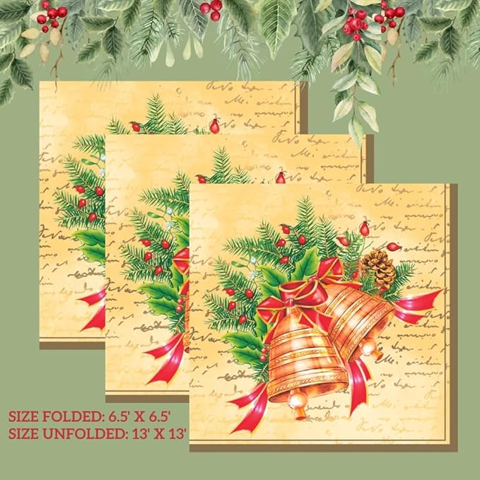 20-ct 13x13 Christmas Paper Decoupage Napkins, 3-Ply Servilletas Tissue Napkin for Dinner and Parties, Disposable Napkins (Bell)